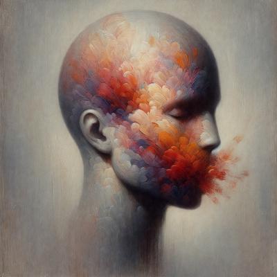 The primary subject of the image is a close-up of a person's face, with a focus on their mouth. The setting is a painting, and the visual style is a digital art. The colors and mood of the image are vibrant and lively, with a mix of red, orange, and yellow hues.
